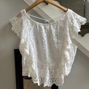 Free People White Lace Eyelet Tie Back Tassel Top sz XS EUC